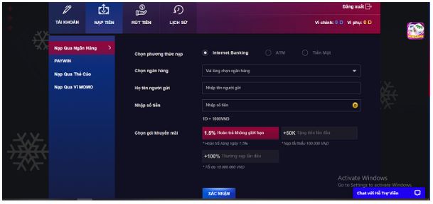 Cách nạp tiền vào tài khoản chơi khá đơn giản, bạn sẽ không mất quá nhiều thời gian