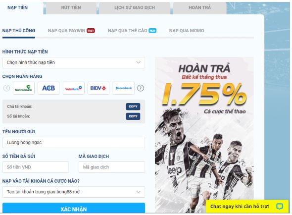 Nhà cái hỗ trợ nhiều phương thức nạp tiền cho mọi người