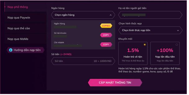 Nạp tiền vô cùng đơn giản bởi lẽ nhà cái đã liên kết với rất nhiều ngân hàng