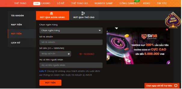 Cách rút tiền tại SV88 đơn giản, nhanh chóng