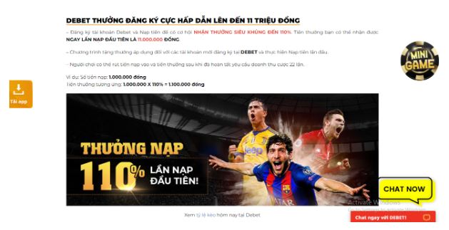  Thưởng nạp 110% là ưu đãi khủng đến từ Debet