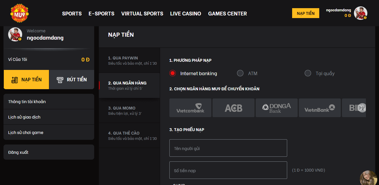 Nạp tiền thông qua internet banking là phương pháp được nhiều người chơi sử dụng