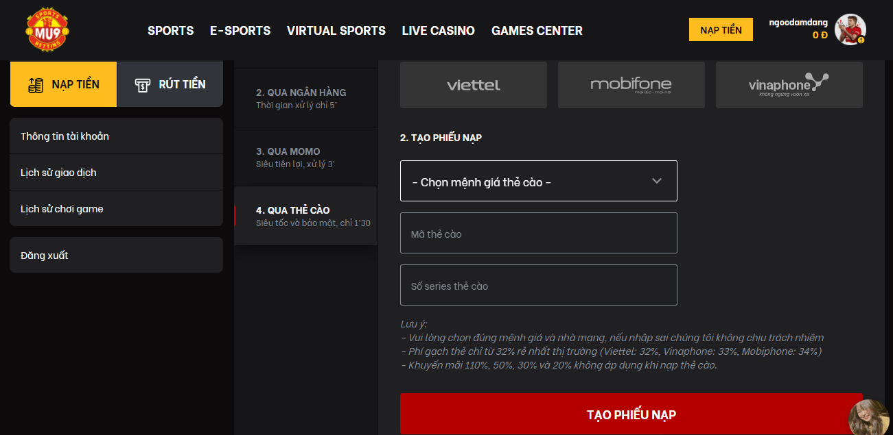 Nạp tiền thông qua thẻ cào sẽ bị mất phí giao dịch cho các nhà mạng